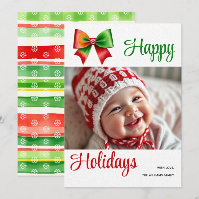 Large red, green bow and stripes Christmas photo Julkort (Fram/baksida)