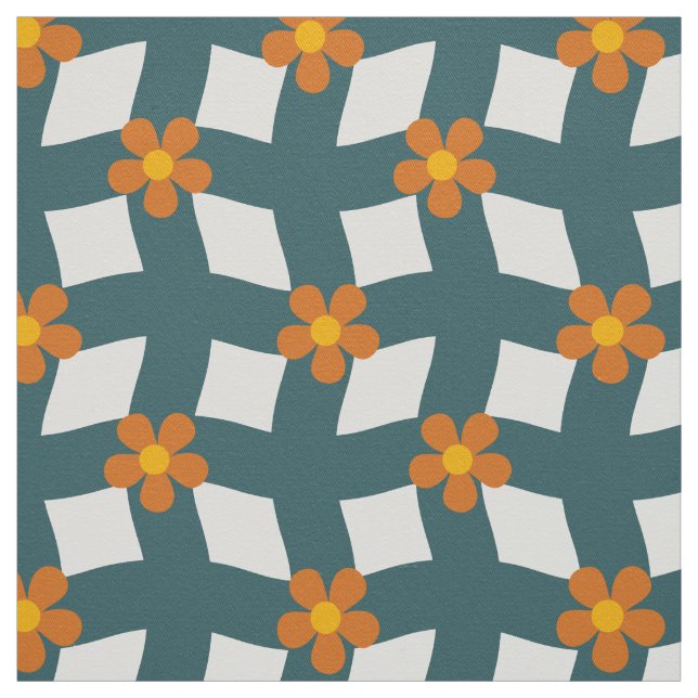 Large Teal Orange Floral Grid Cotton Twill Tyg (Provkarta)