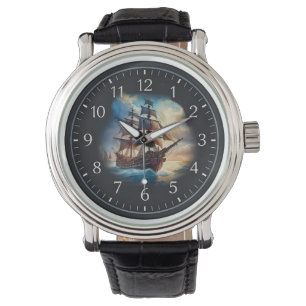 Large Wooden Sailing Frakt eWatch Watch Watch Armbandsur