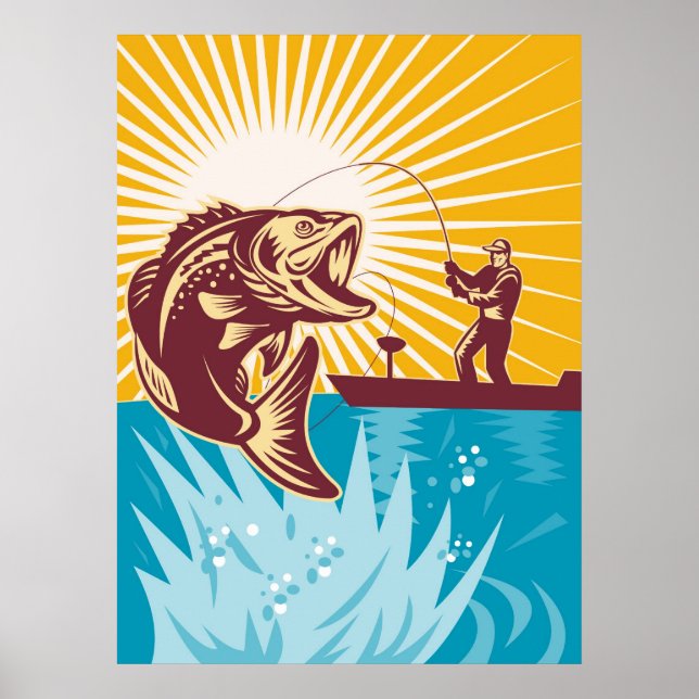 Largemouth Bass Fish Fly Fisherman Fisherman Rod Poster (Framsidan)