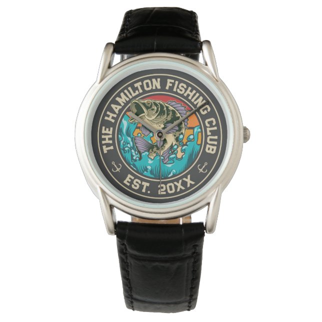 Largemouth Bass Retro Sunset Fishing Klubb Armbandsur (Framsida)