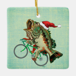 Largemouth Bass Riding a Bicycle with Santa Hat Julgransprydnad Keramik