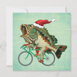 Largemouth Bass Riding a Bicycle with Santa Hat Julkort
