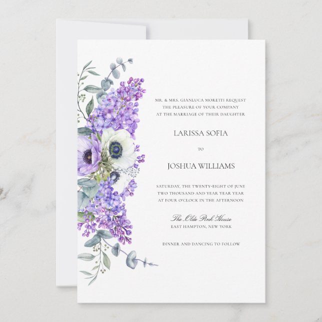 Larissa Elegant Lila Blommigt All-in-One Bröllop Inbjudningar (Framsida)
