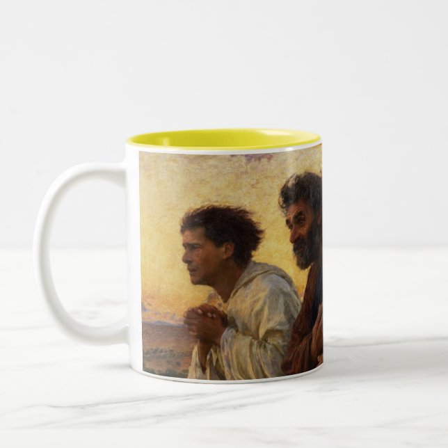 Lärjungarna Peter och John spring Två-Tonad Mugg (Vänster)
