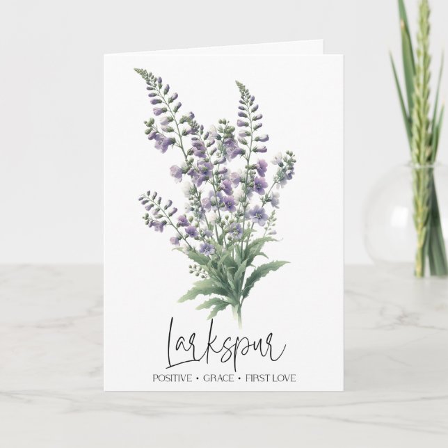 Larkespur från juli födelsekort: födelsedagskort kort (Framsida)