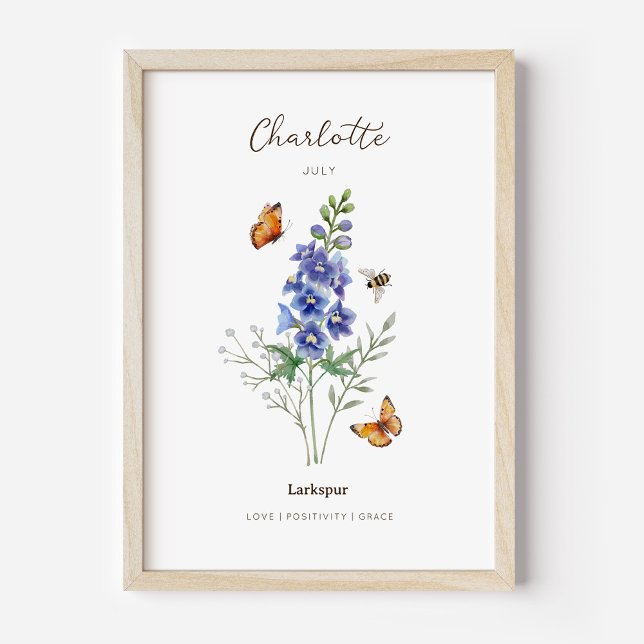 Larkspur Födelsemånad Blomma Affisch (Example of larkspur birth flower poster once framed. )