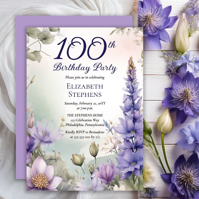 Larkspur | Vatten Lily Blommigt 100:e Födelsedagsf Inbjudningar (Elegant Boho Larkspur and Water Lilies Floral 100th Birthday Party Invitation - Print | Digital)