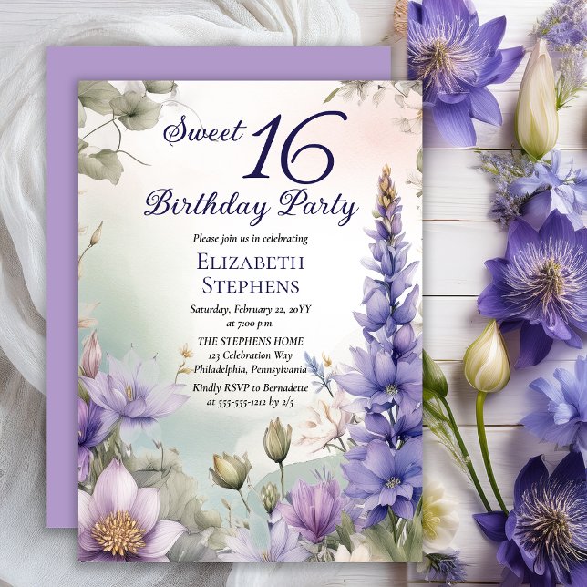 Larkspur Vatten Lily Blommigt Sweet 16 Födelsedags Inbjudningar (Elegant Boho Larkspur and Water Lilies Floral Sweet 16 Birthday Party Invitation - Print | Digital)