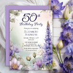 Larkspur | Water Lily Floral 50th Birthday Party Inbjudningar<br><div class="desc">Elegant larkspur and water lilies floral design "50th Birthday Party" design featuring a floral frame of purple larkspur and water lilies on a pastel-toned watercolor background.</div>