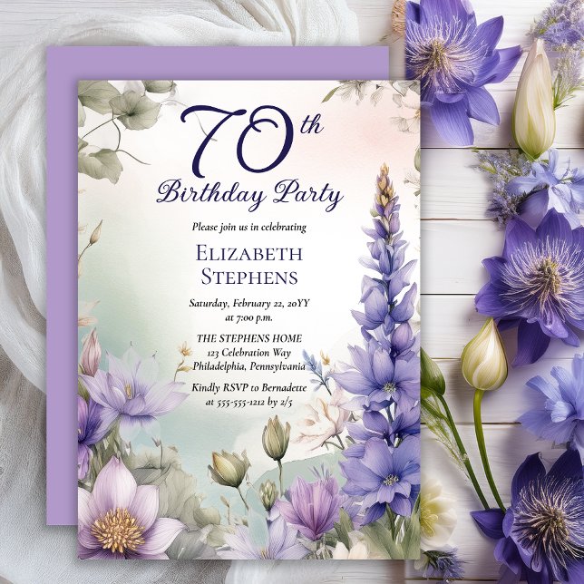 Larkspur | Water Lily Floral 70th Birthday Party Inbjudningar (Elegant Boho Larkspur and Water Lilies Floral 70th Birthday Party Invitation - Print | Digital)