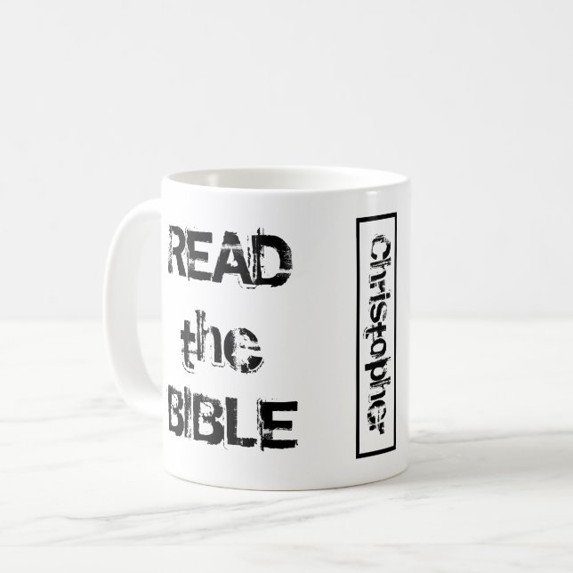 Läs bibeln vit och svart kaffemugg (Framsida vänster)