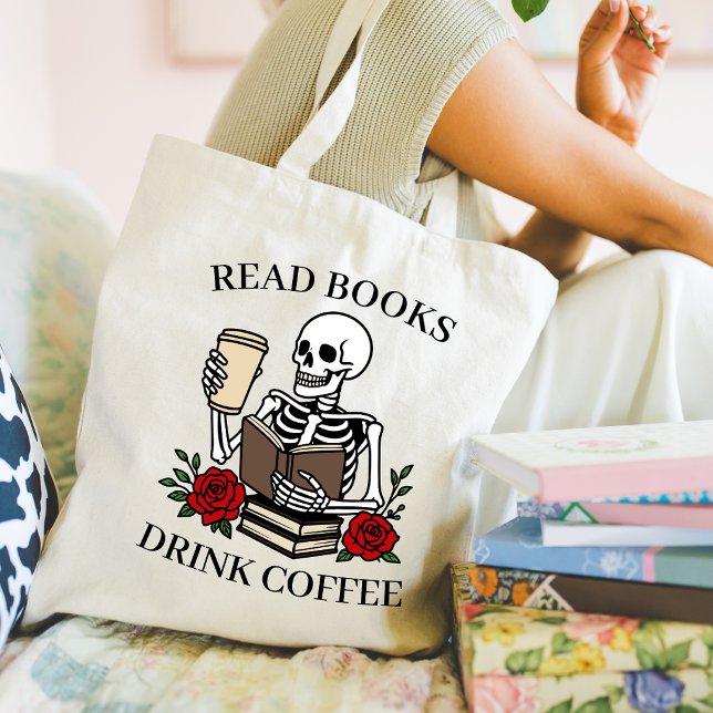 Läs böcker drick kaffe rolig skelett bokälskare tygkasse (Skapare uppladdad)