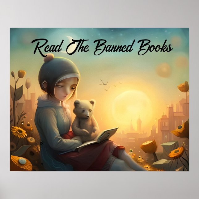 Läs den förbjudna Bokarna Girl and Bear Reading Poster (Framsidan)