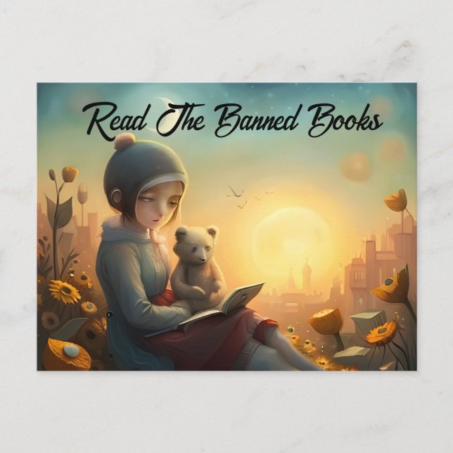 Läs den förbjudna Bokarna Girl and Bear Reading Vykort (Framsida)