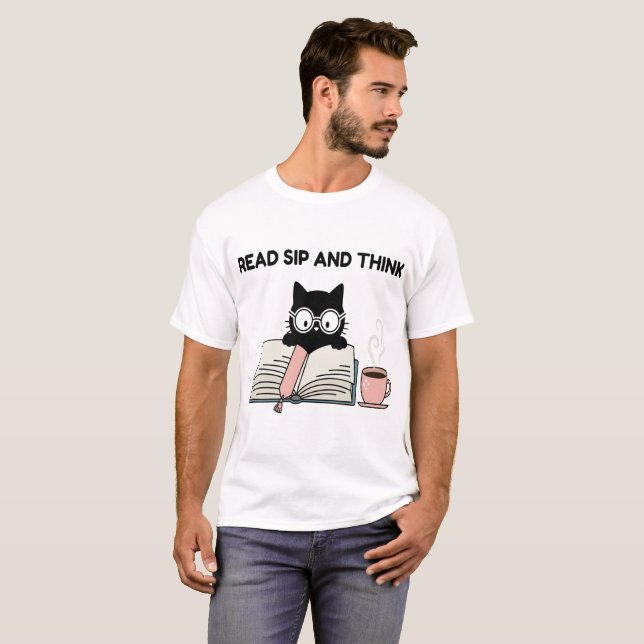 Läs, Drick Och Tänk Söt Katt Läs Bok & Kaffe  T Shirt (Hel framsida)