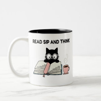 Läs, Drick Och Tänk Söt Katt Läs Bok & Kaffe Två-Tonad Mugg