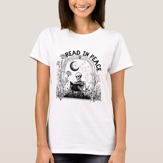 Läs in fredslärare Skeleton Read Bok Ha T Shirt (Framsida)
