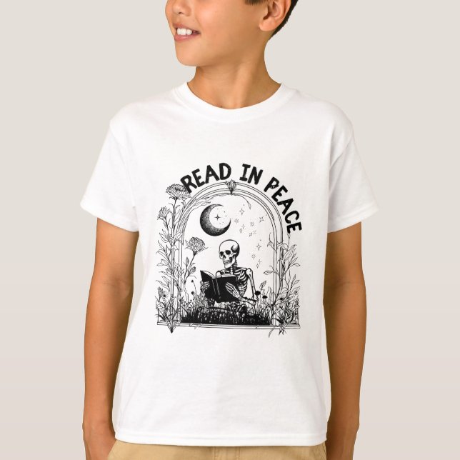Läs in fredslärare Skeleton Read Bok Ha T Shirt (Framsida)