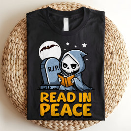Läs in Peace Bookworm Grim Reaper Halloween T Shirt