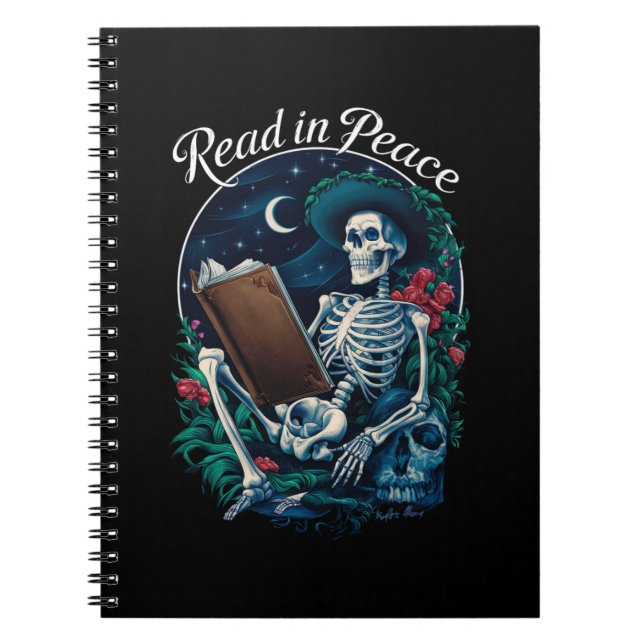 Läs in Peace Skeleton Reading Bok Älskare Bookish Anteckningsbok (Framsidan)