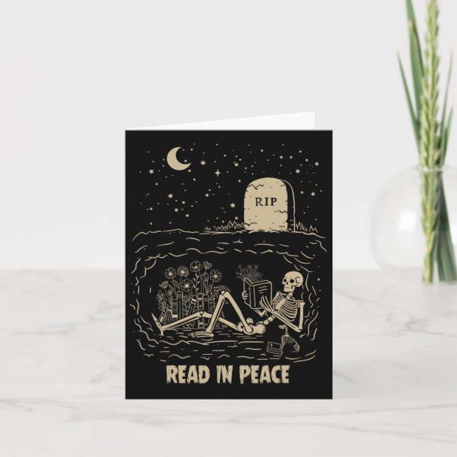 Läs in Peace Skeleton Reading Bokar Funny Hallowed Kort (Framsida)