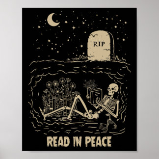 Läs in Peace Skeleton Reading Bokar Funny Hallowed Poster