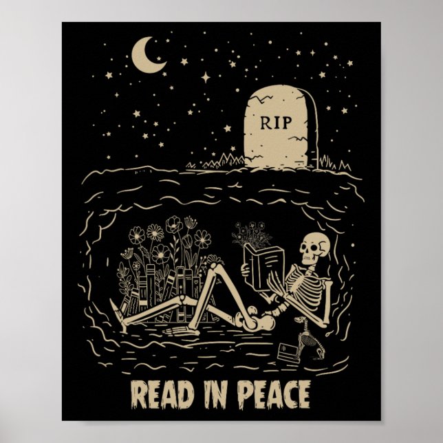 Läs in Peace Skeleton Reading Bokar Funny Hallowed Poster (Framsidan)