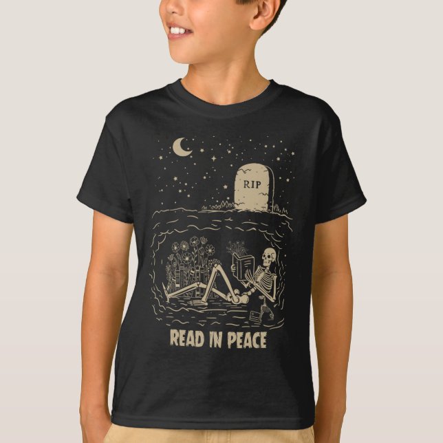 Läs in Peace Skeleton Reading Bokar Funny Hallowed T Shirt (Framsida)