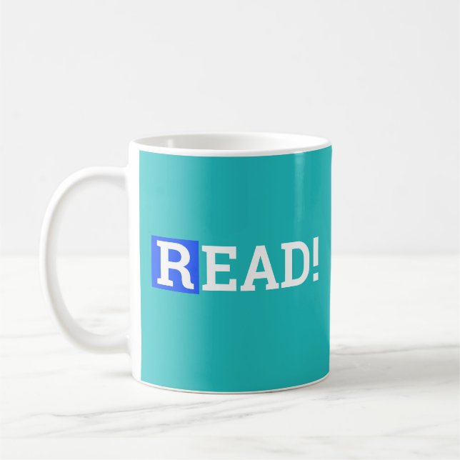 LÄS! Koboltblå & Turkos One Word Designs Kaffemugg (Vänster)