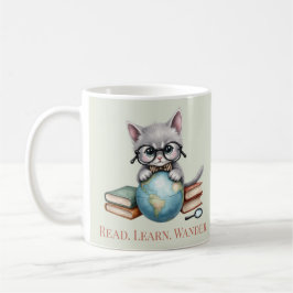 "Läs. Lär dig. Wander." Cute Bookish Cat Kaffemugg