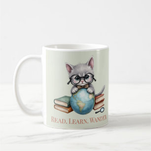"Läs. Lär dig. Wander." Cute Bookish Cat Kaffemugg
