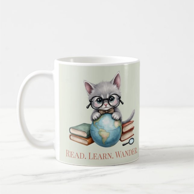 "Läs. Lär dig. Wander." Cute Bookish Cat Kaffemugg (Vänster)