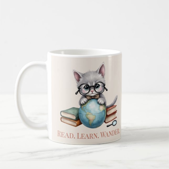 "Läs. Lär dig. Wander." Cute Bookish Cat Kaffemugg (Vänster)