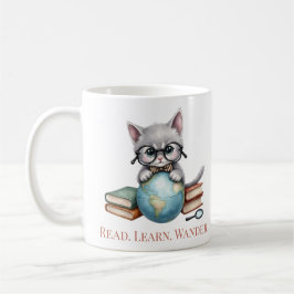 "Läs. Lär dig. Wander." Cute Bookish Cat Kaffemugg