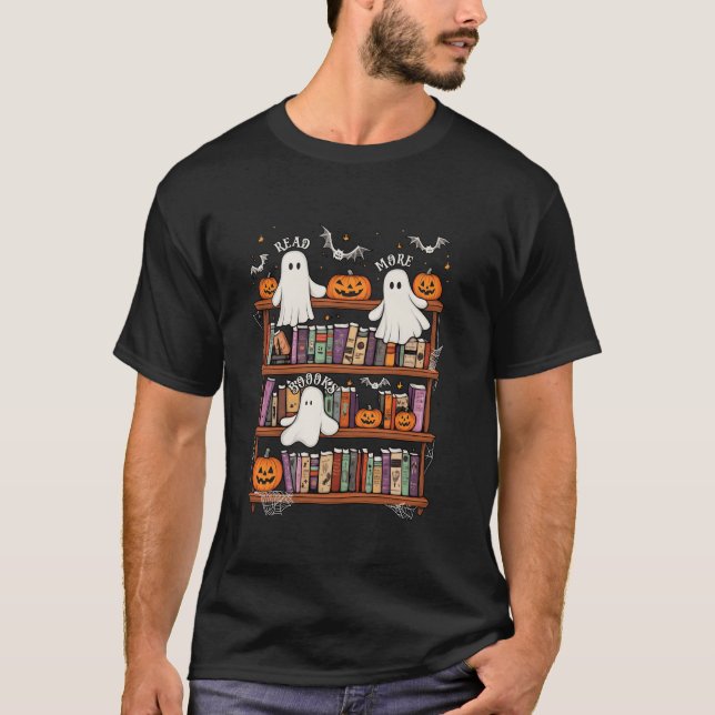 Läs mer Bokar bibliotekarie Bookshelf Lärare Ghost T Shirt (Framsida)