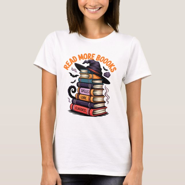 Läs mer om Bokar Ley Witch Hat Spooky Bok Stack T Shirt (Framsida)