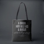 Las Vegas Bachelorette Funny Bride Besties Sprit T Tygkasse<br><div class="desc">Lustigt Black och Grått Las Vegas Bachelorette-anpassningsbarna gick till väskan med "A bride, hennes besties och sprit ... vad kan gå fel?" roligt citat i det moderna trendiget med stort teckensnitt med calligraphy-skript accent och personlig text för tillfälle, datum och plats. Alla färg och typsnitt är redigerbara om du vill...</div>
