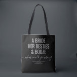 Las Vegas Bachelorette Funny Bride Besties Sprit T Tygkasse<br><div class="desc">Lustigt Black och Grått Las Vegas Bachelorette-anpassningsbarna gick till väskan med "A bride, hennes besties och sprit ... vad kan gå fel?" roligt citat i det moderna trendiget med stort teckensnitt med calligraphy-skript accent och personlig text för tillfälle, datum och plats. Alla färg och typsnitt är redigerbara om du vill...</div>