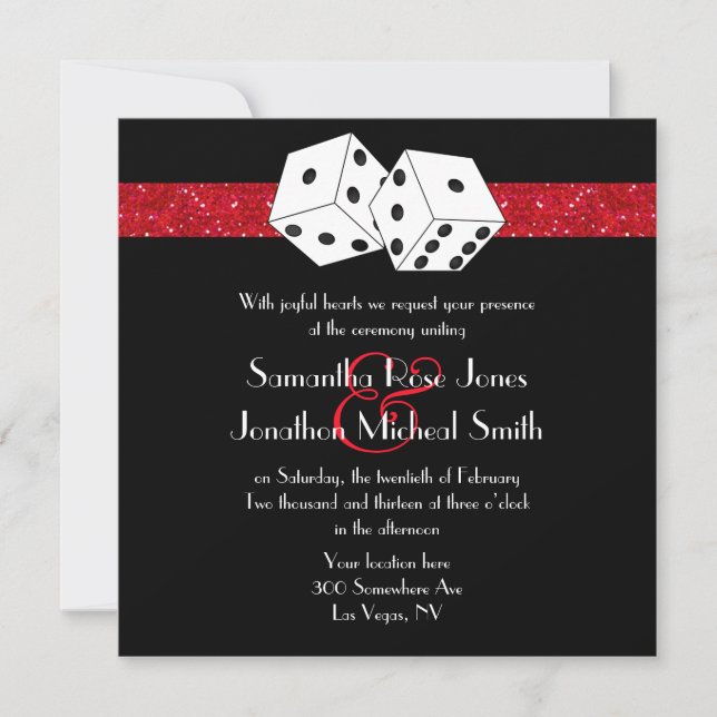 Las Vegas Bröllop Dice Theme Ruby Red Faux Glitter Inbjudningar (Framsida)
