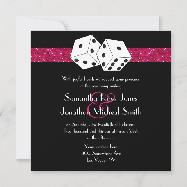Las Vegas Bröllop Dice Theme Shock rosa Faux Glitt Inbjudningar (Framsida)