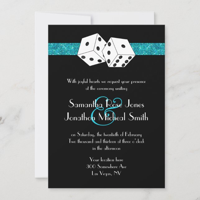 Las Vegas Bröllop Dice Theme Teal Blu Faux Glitter Inbjudningar (Framsida)