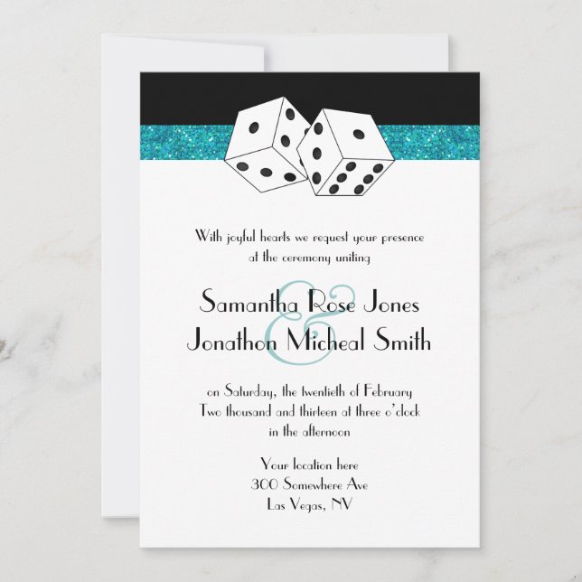 Las Vegas Bröllop Dice Theme Teal Faux Glitter Inbjudningar (Framsida)