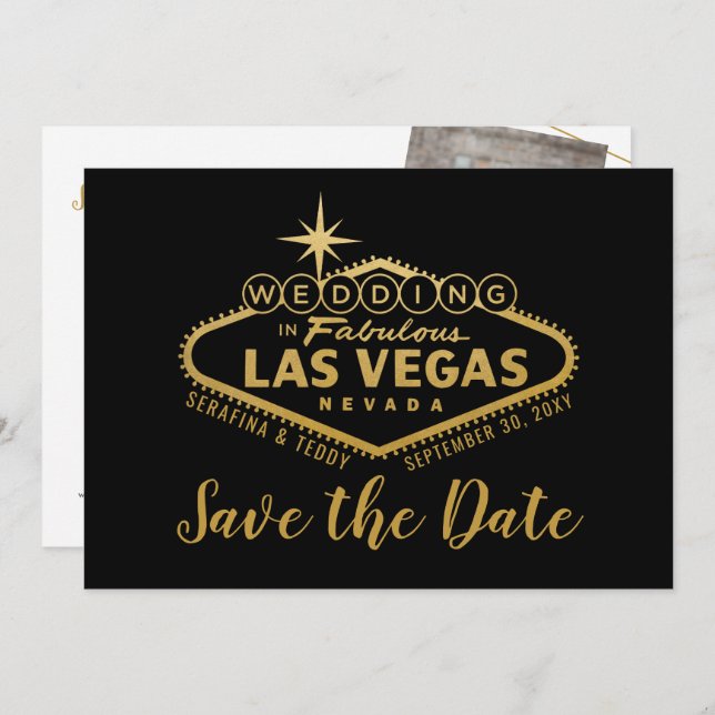 Las Vegas Bröllop Photo Save Date Black Guld Spara Datumet (Fram/baksida)