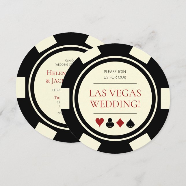 Las Vegas Bröllop Poker Chip Black Cream White Inbjudningar (Fram/baksida)