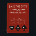 Las Vegas Casino Skyline Bröllop spara datum Magnet<br><div class="desc">En roligt och en modern bröllop spara datum-magnet för att locka dina gäster till bröllop i Las Vegas! Det här alternativet Spara datum har grafitfärgad bild med svart fet stil i kostym, en modern Las Vegas-skylinåtergivning och anpassadets typsnitt och text på kasinoröd bakgrund. Perfekt för ett trendig av modern eller...</div>