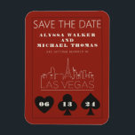 Las Vegas Casino Skyline Bröllop spara datum Magnet<br><div class="desc">En roligt och en modern bröllop spara datum-magnet för att locka dina gäster till bröllop i Las Vegas! Det här alternativet Spara datum har grafitfärgad bild med svart fet stil i kostym, en modern Las Vegas-skylinåtergivning och anpassadets typsnitt och text på kasinoröd bakgrund. Perfekt för ett trendig av modern eller...</div>