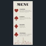 Las Vegas Casino Skyline Wedding Reception Meny<br><div class="desc">En roligt och ett modernt målbröllop på Las Vegas-middagsmeny som lägger till en speciell anpassningsbar till Las Vegas-evenemanget! Den här bröllop-menyn innehåller kostym-grafik med rött fet stil, en modern Las Vegas-skylinåtergivning och ett helt anpassade och text på bakgrunden till elfenbenstorn. Perfekt för ett trendig, ett modernt eller klassiskt evenemang -...</div>