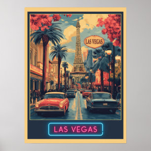 Las Vegas Cityscape med Eiffel Torn - Retro Poster