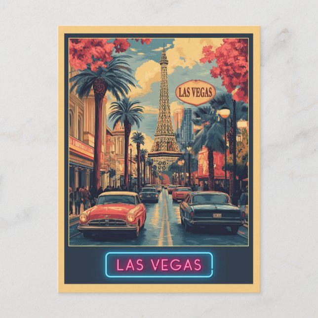 Las Vegas Cityscape med Eiffel Torn - Retro Vykort (Framsida)